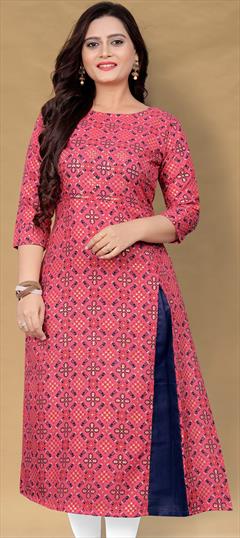 Casual Pink and Majenta color Kurti in Cotton fabric with Long Sleeve, Straight Printed work : 1902231