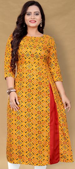 Casual Yellow color Kurti in Cotton fabric with Long Sleeve, Straight Printed work : 1902238