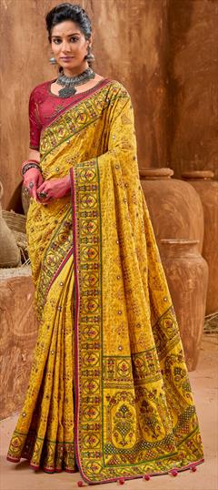 Bridal, Reception, Wedding Yellow color Saree in Silk fabric with South Embroidered, Mirror, Resham, Stone, Thread work : 1902248