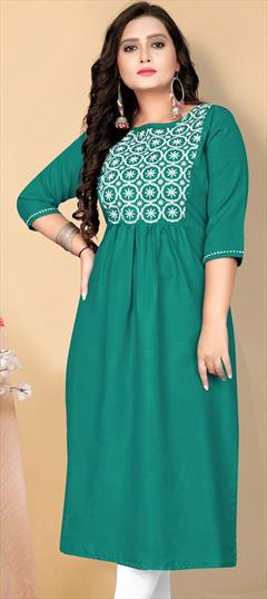 Casual Blue color Kurti in Cotton fabric with A Line Embroidered, Resham, Thread work : 1902253