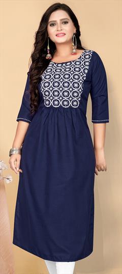 Casual Blue color Kurti in Cotton fabric with A Line Embroidered, Resham, Thread work : 1902256