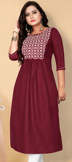 Casual Red and Maroon color Kurti in Cotton fabric with A Line Embroidered, Resham, Thread work : 1902258