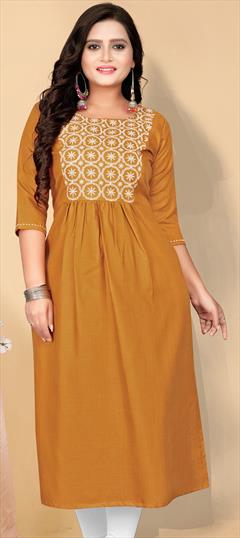 Casual Yellow color Kurti in Cotton fabric with A Line Embroidered, Resham, Thread work : 1902259