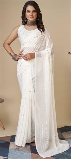 Festive, Party Wear White and Off White color Saree in Georgette fabric with Classic Embroidered, Resham, Sequence, Thread work : 1902270
