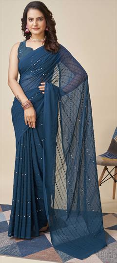 Festive, Party Wear Blue color Saree in Georgette fabric with Classic Embroidered, Resham, Sequence, Thread work : 1902271
