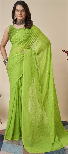 Festive, Party Wear Green color Saree in Georgette fabric with Classic Embroidered, Resham, Sequence, Thread work : 1902272