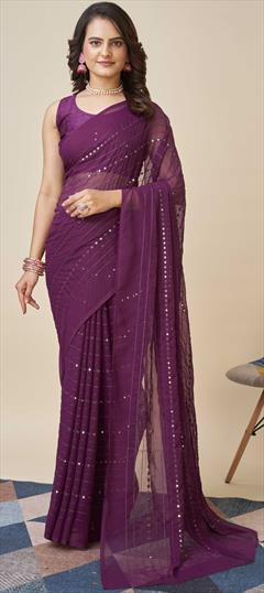 Festive, Party Wear Purple and Violet color Saree in Georgette fabric with Classic Embroidered, Resham, Sequence, Thread work : 1902273