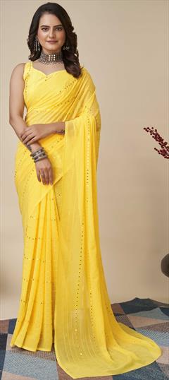 Festive, Party Wear Yellow color Saree in Georgette fabric with Classic Embroidered, Resham, Sequence, Thread work : 1902274