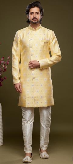 Party Wear Yellow color IndoWestern Dress in Jacquard fabric with Broches, Embroidered, Thread work : 1902279