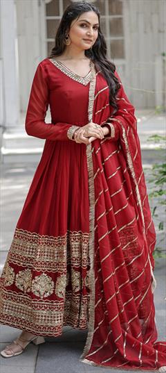 Party Wear, Reception Red and Maroon color Gown in Georgette fabric with Embroidered, Sequence work : 1902280