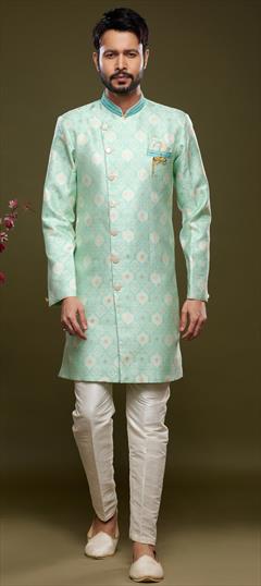 Party Wear Green color IndoWestern Dress in Jacquard fabric with Broches, Embroidered, Thread work : 1902281