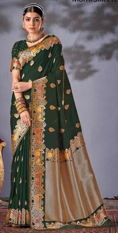 Engagement, Traditional, Wedding Green color Saree in Silk fabric with South Weaving, Zari work : 1902322