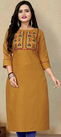 Casual, Summer Yellow color Kurti in Cotton fabric with Long Sleeve, Straight Embroidered, Resham, Thread work : 1902329