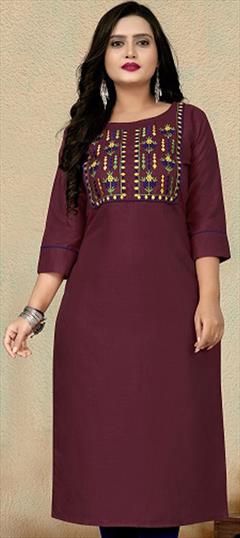 Casual, Summer Purple and Violet color Kurti in Cotton fabric with Long Sleeve, Straight Embroidered, Resham, Thread work : 1902331
