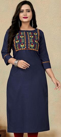 Casual, Summer Blue color Kurti in Cotton fabric with Long Sleeve, Straight Embroidered, Resham, Thread work : 1902333