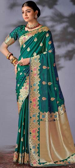 Engagement, Traditional, Wedding Green color Saree in Silk fabric with South Weaving, Zari work : 1902334