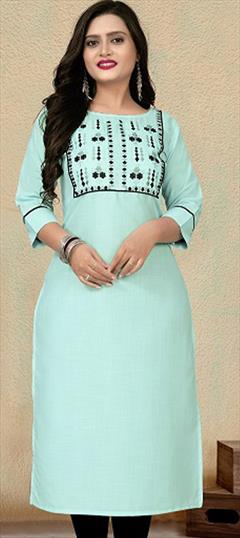 Casual, Summer Blue color Kurti in Cotton fabric with Long Sleeve, Straight Embroidered, Resham, Thread work : 1902335