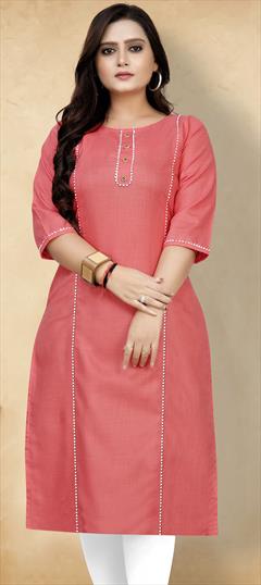 Casual Red and Maroon color Kurti in Cotton fabric with Straight Lace work : 1902339