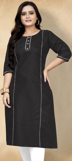 Casual Black and Grey color Kurti in Cotton fabric with Straight Lace work : 1902340