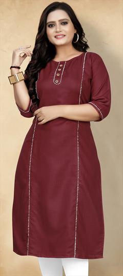 Casual Red and Maroon color Kurti in Cotton fabric with Straight Lace work : 1902343