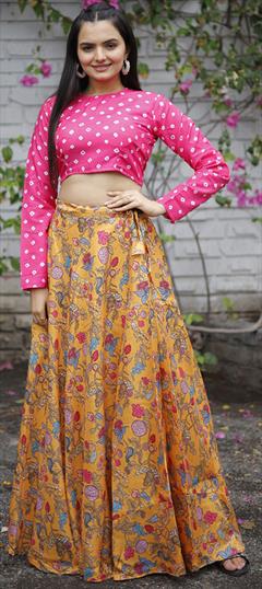 Festive, Party Wear, Reception Yellow color Ready to Wear Lehenga in Tussar Silk fabric with Flared Digital Print, Floral work : 1902353