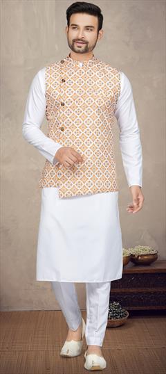 Party Wear White and Off White color Kurta Pyjama with Jacket in Cotton fabric with Digital Print work : 1902366