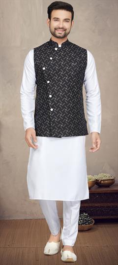 Party Wear White and Off White color Kurta Pyjama with Jacket in Cotton fabric with Printed work : 1902368