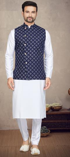 Party Wear White and Off White color Kurta Pyjama with Jacket in Cotton fabric with Printed work : 1902369