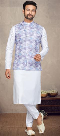 Party Wear White and Off White color Kurta Pyjama with Jacket in Cotton fabric with Digital Print work : 1902370