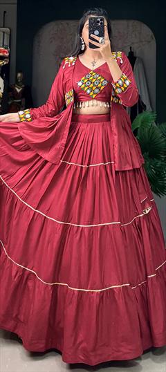 Festive, Navratri Red and Maroon color Ready to Wear Lehenga in Rayon fabric with Flared Gota Patti work : 1902441