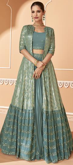 Festive, Mehendi Sangeet, Reception Blue color Long Lehenga Choli in Art Silk, Georgette fabric with Sequence, Thread work : 1902454