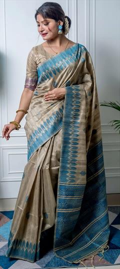 Party Wear, Traditional Blue color Saree in Silk, Tussar Silk fabric with South Weaving work : 1902484