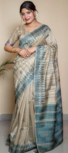 Party Wear, Traditional Blue color Saree in Silk, Tussar Silk fabric with South Weaving work : 1902486
