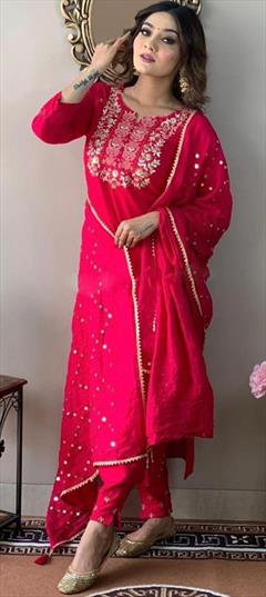 Festive, Party Wear Pink and Majenta color Salwar Kameez in Rayon fabric with Straight Embroidered, Thread work : 1902537