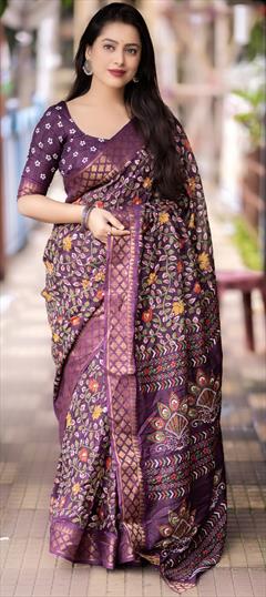 Party Wear, Traditional Purple and Violet color Saree in Art Silk, Silk fabric with South Floral, Printed, Weaving, Zari work : 1902575