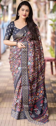 Party Wear, Traditional Black and Grey color Saree in Art Silk, Silk fabric with South Floral, Printed, Weaving, Zari work : 1902576