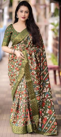 Party Wear, Traditional Green color Saree in Art Silk, Silk fabric with South Floral, Printed, Weaving, Zari work : 1902578