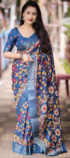 Party Wear, Traditional Blue color Saree in Art Silk, Silk fabric with South Floral, Printed, Weaving, Zari work : 1902579