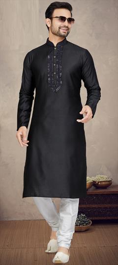 Party Wear Black and Grey color Kurta Pyjamas in Jacquard fabric with Sequence, Thread work : 1902611