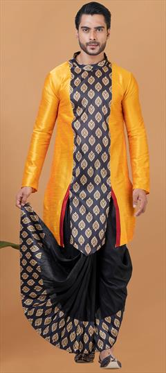 Party Wear Black and Grey, Yellow color Dhoti Kurta in Dupion Silk fabric with Weaving work : 1902647