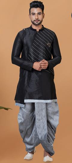 Party Wear Black and Grey color Dhoti Kurta in Dupion Silk fabric with Broches, Thread work : 1902648