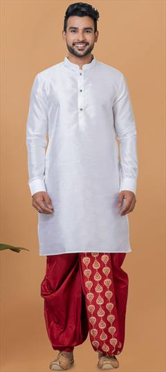 Party Wear White and Off White color Dhoti Kurta in Dupion Silk fabric with Thread work : 1902649