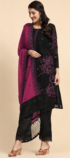 Festive, Party Wear Black and Grey, Pink and Majenta color Salwar Kameez in Faux Georgette fabric with Pakistani, Straight Sequence, Thread work : 1902707