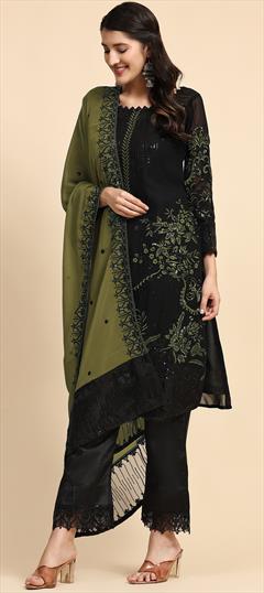Festive, Party Wear Black and Grey color Salwar Kameez in Faux Georgette fabric with Pakistani, Straight Sequence, Thread work : 1902709