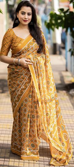 Casual, Summer, Traditional Yellow color Saree in Cotton fabric with Bengali Printed work : 1902711