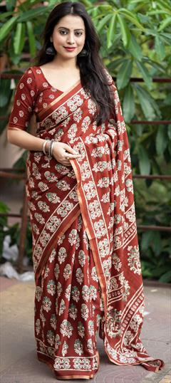 Casual, Summer, Traditional Red and Maroon color Saree in Cotton fabric with Bengali Printed work : 1902713