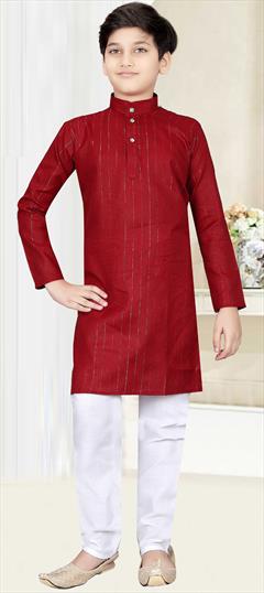 Party Wear Red and Maroon color Boys Kurta Pyjama in Blended Cotton fabric with Thread work : 1902780