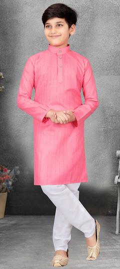 Party Wear Pink and Majenta color Boys Kurta Pyjama in Blended Cotton fabric with Thread work : 1902781