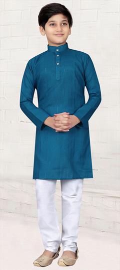 Party Wear Blue color Boys Kurta Pyjama in Blended Cotton fabric with Thread work : 1902782