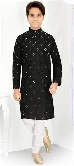 Party Wear Black and Grey color Boys Kurta Pyjama in Blended Cotton fabric with Embroidered, Mirror work : 1902785